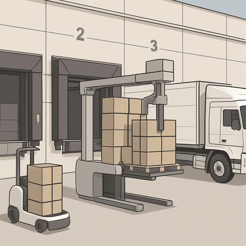 A warehouse setting with a pallet truck, forklift, and truck outside the loading dock, possible loading/unloading goods.